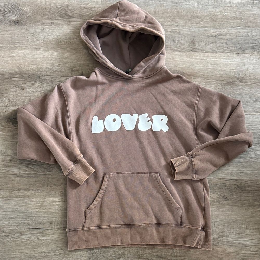 Washed Brown Hoodie with White 'Lover' Print oversized soft